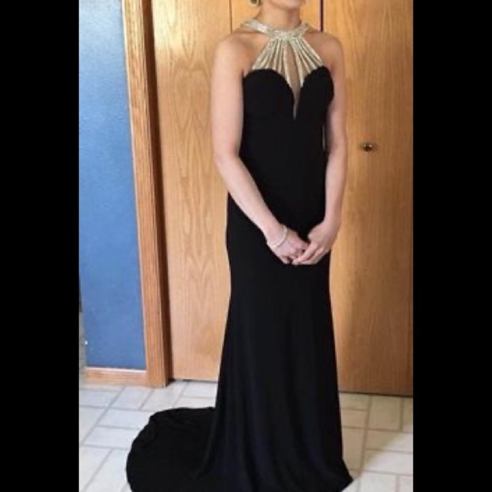 Black fitted prom dress with diamond halter